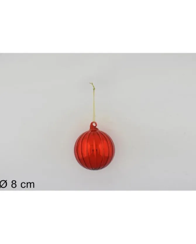 Pallina Sfera Di Vetro Rigata Rossa 80Mm Per Albero Di Natale