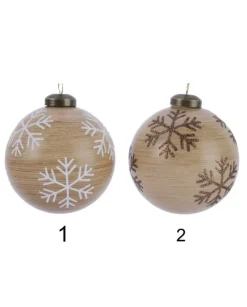 Pallina Sfera Effetto Legno Con Decoro Fiocchi Di Neve 8 Cm