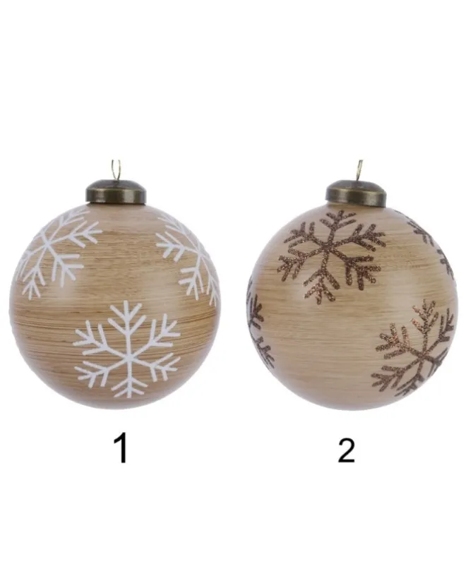 Pallina Sfera Effetto Legno Con Decoro Fiocchi Di Neve 8 Cm