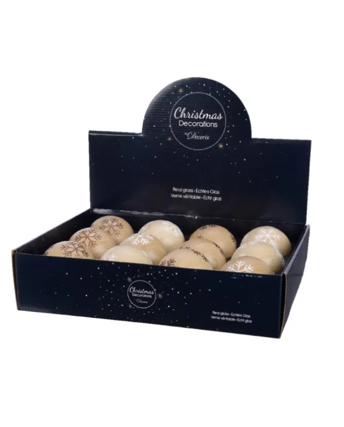 Pallina Sfera Effetto Legno Con Decoro Fiocchi Di Neve 8 Cm