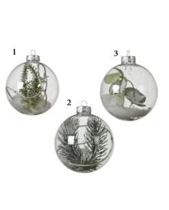 Pallina Sfera In Vetro Trasparente Con Ramo Verde Alliinterno Innevato