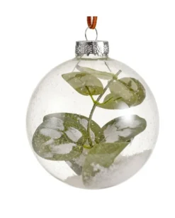 Pallina Sfera In Vetro Trasparente Con Ramo Verde Alliinterno Innevato