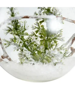Pallina Sfera In Vetro Trasparente Con Ramo Verde Alliinterno Innevato