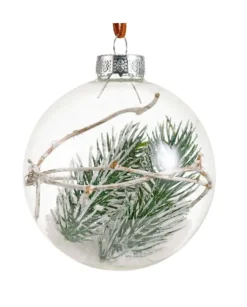 Pallina Sfera In Vetro Trasparente Con Ramo Verde Alliinterno Innevato