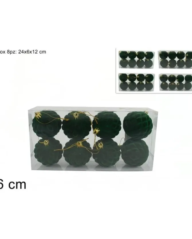 Palline Sfere Di Plastica Verde Floccate O6Cm 8Pz Per Albero Di Natale