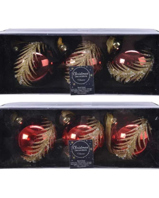 Palline Sfere Di Vetro Decorate Rosse 80Mm 2 Modelli Per Albero Di Natale 3Pz