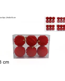 Palline Sfere Rosse Floccate O8Cm Per Albero Di Natale 6Pz