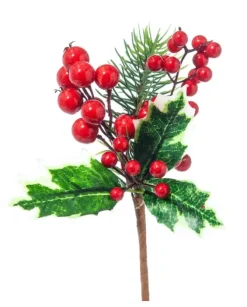 Pick Ramo Pino Agrifoglio Con Bacche 18Cm Per Decorazioni Natalizie