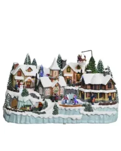 Presepe Nordico Giostrina Di Natale Villaggi Con Movimenti E Luci Led 31X55X35Cm
