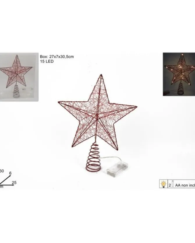 Puntale Stella Di Metallo Rossa Per Albero Di Natale 30Cm