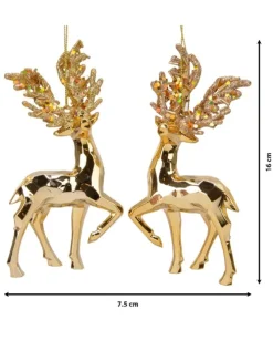 1Pz Addobbo Pendente In Plastica Oro Cromato Renna Con Glitter 16 Cm