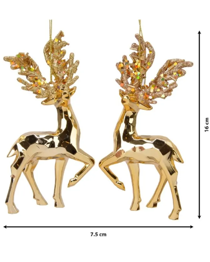1Pz Addobbo Pendente In Plastica Oro Cromato Renna Con Glitter 16 Cm