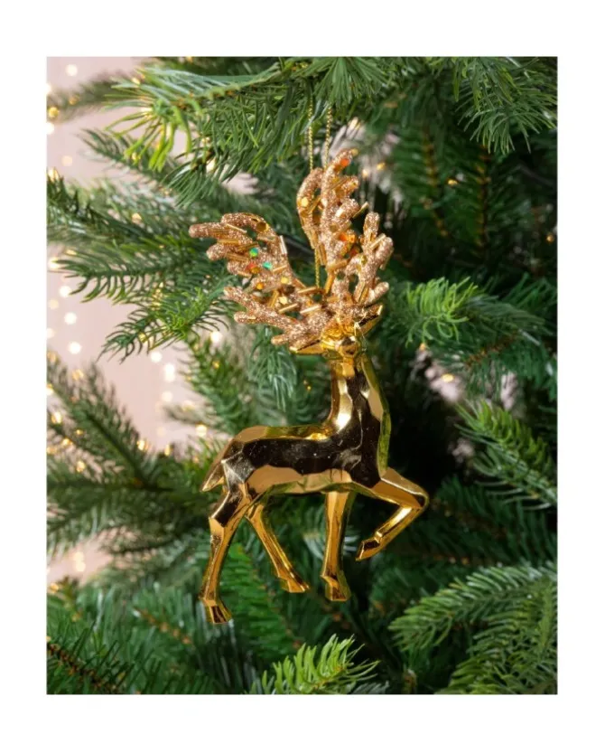 1Pz Addobbo Pendente In Plastica Oro Cromato Renna Con Glitter 16 Cm