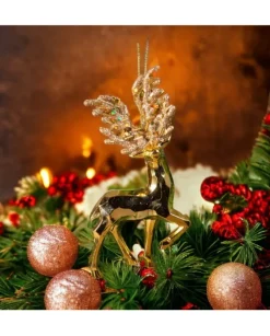 1Pz Addobbo Pendente In Plastica Oro Cromato Renna Con Glitter 16 Cm