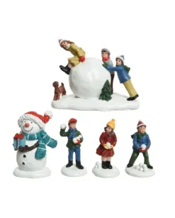 5Pz Figure Natalizie In Poliresina Bambini E Pupazzo Di Neve