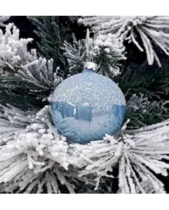 1Pz Pallina Di Vetro Decorata A Mano Celeste Lucido 80Mm