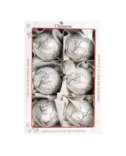 1Pz Pallina Di Vetro Decorata A Mano Bianco Lucido 80Mm