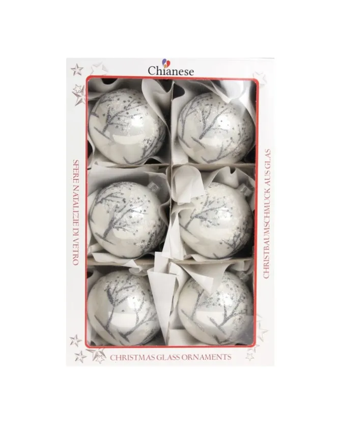 1Pz Pallina Di Vetro Decorata A Mano Bianco Lucido 80Mm