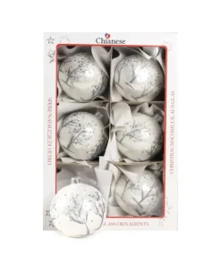 1Pz Pallina Di Vetro Decorata A Mano Bianco Lucido 80Mm