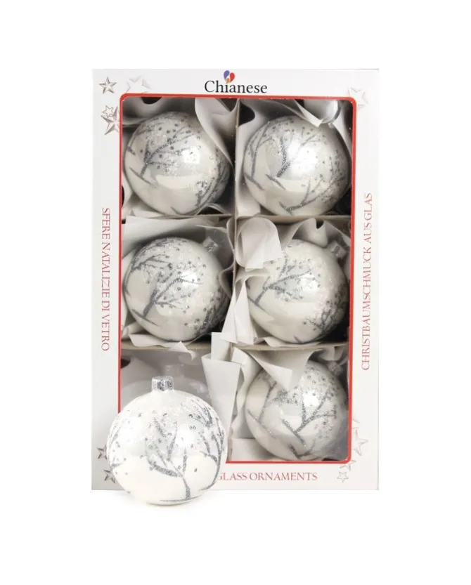 1Pz Pallina Di Vetro Decorata A Mano Bianco Lucido 80Mm