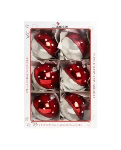 1Pz Pallina Di Vetro Decorata A Mano Rosso E Bianco Lucido 80Mm