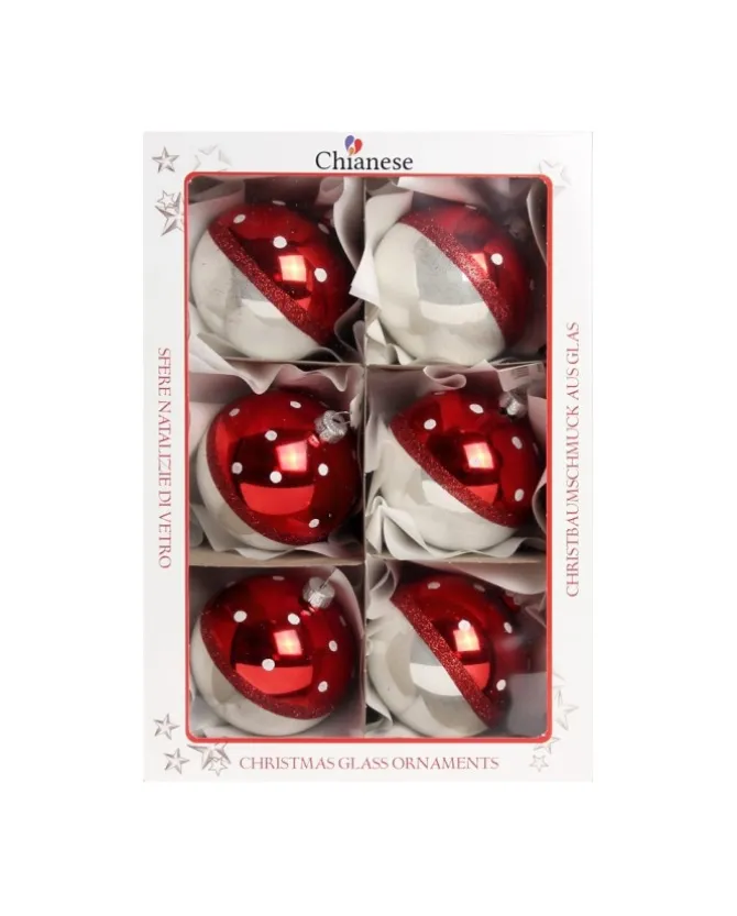 1Pz Pallina Di Vetro Decorata A Mano Rosso E Bianco Lucido 80Mm