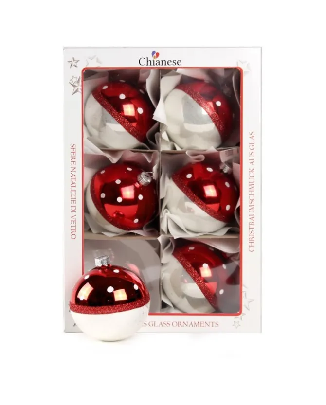 1Pz Pallina Di Vetro Decorata A Mano Rosso E Bianco Lucido 80Mm