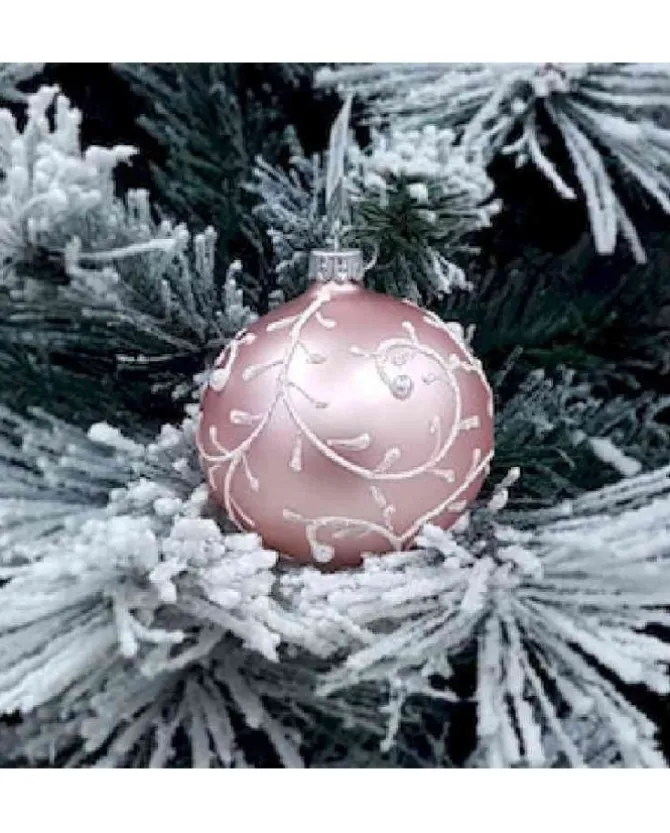 1Pz Pallina Di Vetro Decorata A Mano Rosa Opaco 80Mm