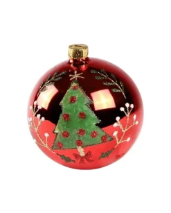 1Pz Pallina Di Vetro Decorata A Mano Rosso Lucido 80Mm