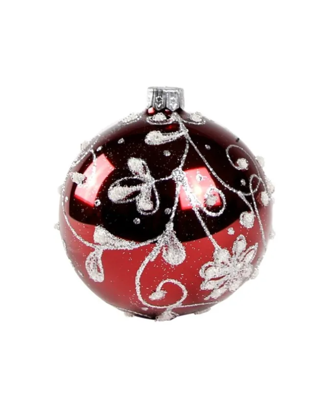 1Pz Pallina Di Vetro Decorata A Mano Rosso Lucido 80Mm