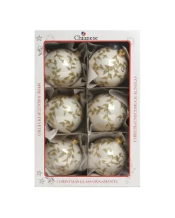 1Pz Pallina Di Vetro Decorata A Mano Bianco Lucido 80Mm