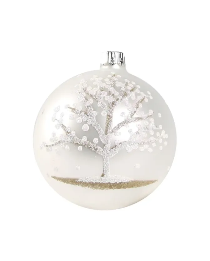 1Pz Pallina Di Vetro Decorata A Mano Bianco Opaco 80Mm