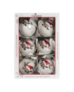 1Pz Pallina Di Vetro Decorata A Mano Bianco Lucido Con Renna 80Mm