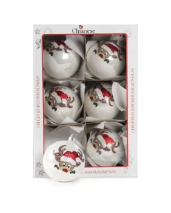 1Pz Pallina Di Vetro Decorata A Mano Bianco Lucido Con Renna 80Mm