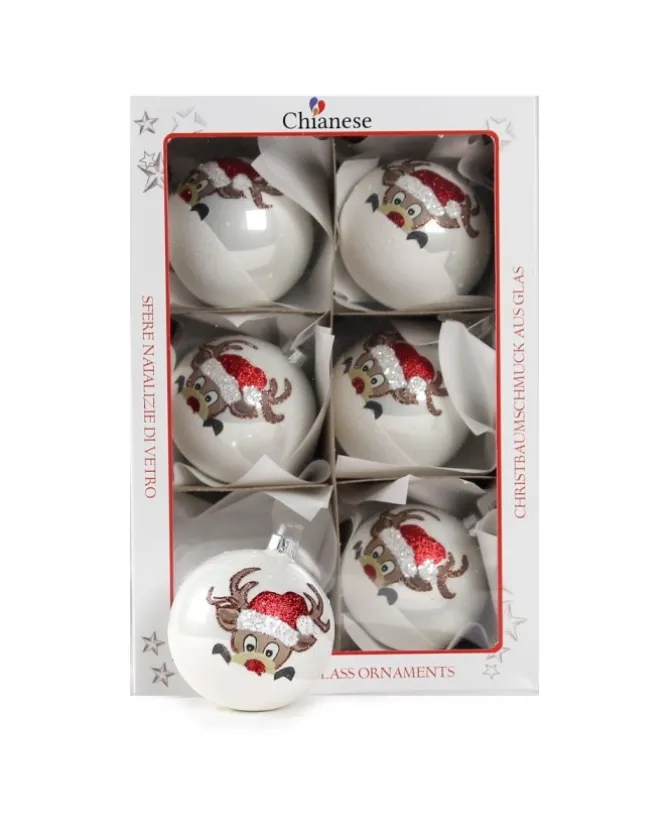1Pz Pallina Di Vetro Decorata A Mano Bianco Lucido Con Renna 80Mm