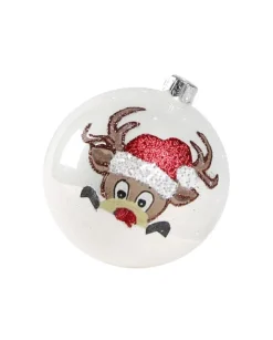 1Pz Pallina Di Vetro Decorata A Mano Bianco Lucido Con Renna 80Mm