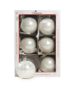 1Pz Pallina Di Vetro Decorata A Mano Bianco Lucido 80Mm