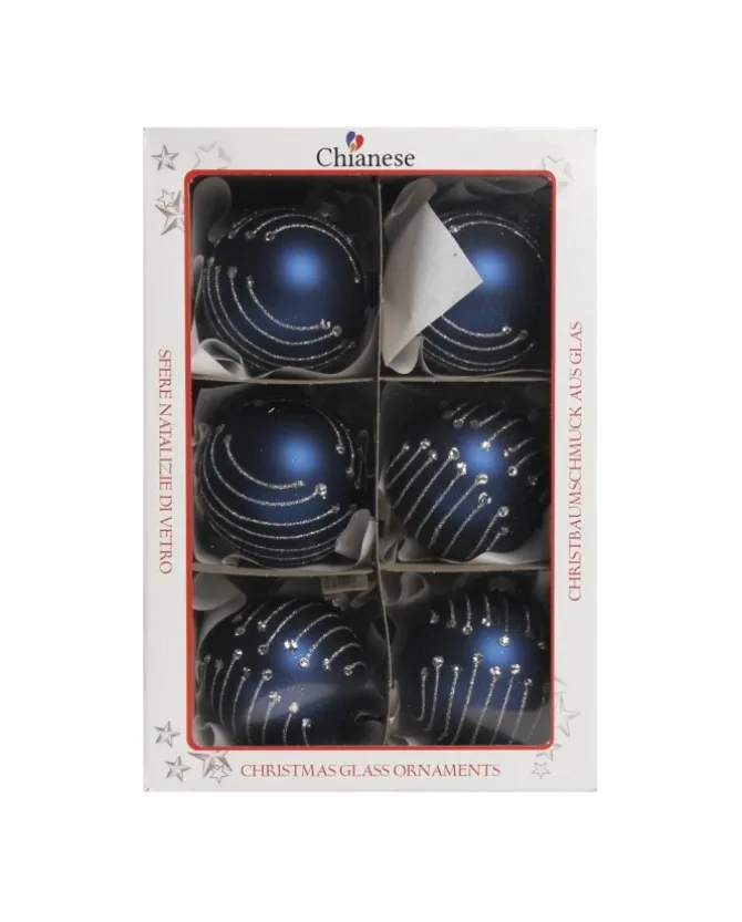 1Pz Pallina In Vetro Decorata A Mano Blu Opaco 80Mm