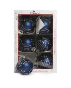 1Pz Pallina In Vetro Decorata A Mano Blu Opaco 80Mm