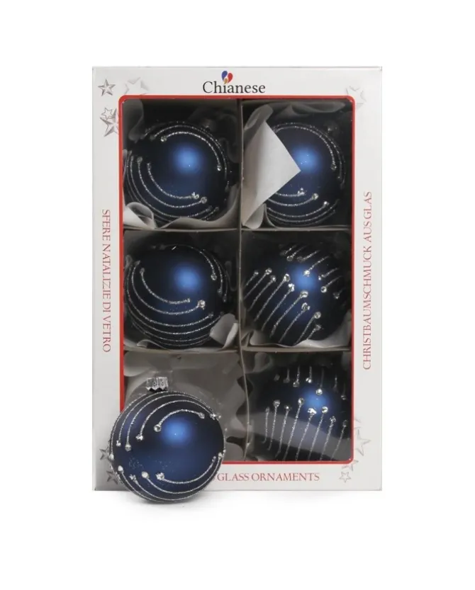 1Pz Pallina In Vetro Decorata A Mano Blu Opaco 80Mm