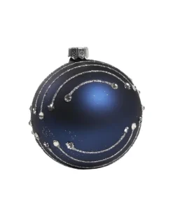 1Pz Pallina In Vetro Decorata A Mano Blu Opaco 80Mm