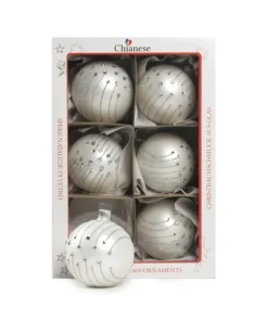 1Pz Pallina In Vetro Decorata A Mano Bianco Opaco 80Mm