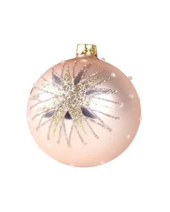 1Pz Pallina In Vetro Decorata A Mano Rosa Opaco 80Mm