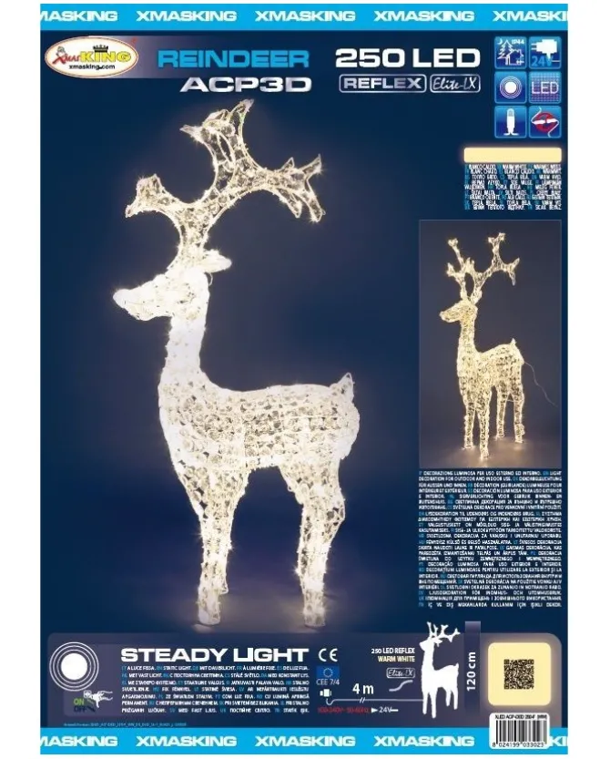Renna Di Cristalli Acrilico 250 Led Bianco Caldo 3D