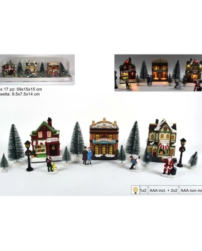 Scenario Con Luce E Personaggi Set 3 Case Natalizie