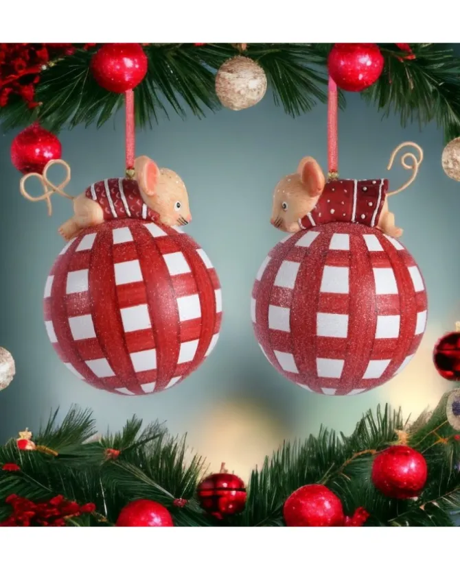 Sfera Pallina Di Vetro Con Glitter Tema Topino 8 Cm In 2 Varianti