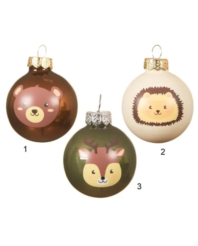 Sfere Palline Di Vetro Smalto Tema Foresta Cervo -Riccio-Orso 3Ass