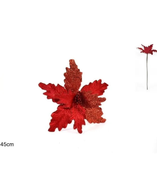 Stelo Con Fiore Velluto Con Foglie Glitterate Rosso