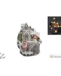 Tronco Con Casetta Con Babbo Natale E Pupazzo Con Luci 45X29X38 Cm