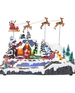 Villaggio Innevato Con Slitte Di Babbo Natale Volante